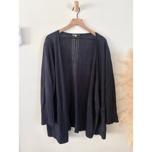 Eileen Fisher Linen Pointelle Knit Cardigan Plus Size 3X Navy Blue Open Front